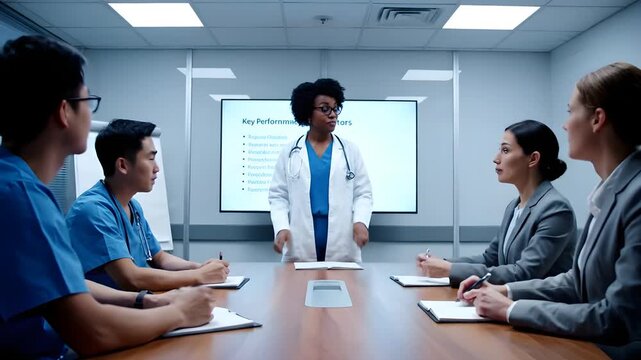 Medical professionals engaged in a discussion around a conference table with a presenter standing near a projection screen