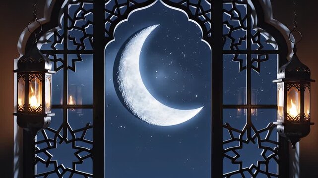 Crescent moon view through ornate window with glowing lanterns