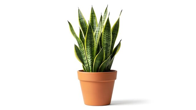 A potted Sansevieria plant with sword-shaped green and yellow variegated leaves against a white background