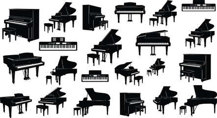 Black silhouette piano collection, grand upright baby grand digital keyboard icons, musical instrument vector illustration set, concert performance design elements © Faruk Here