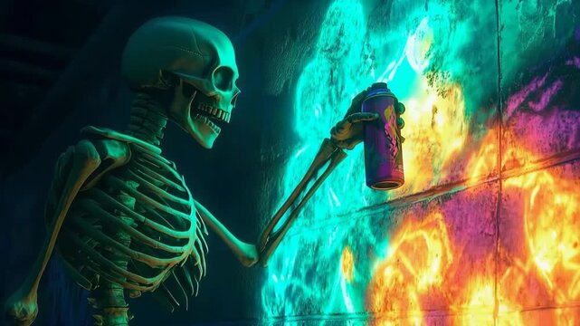 Skeleton creates colorful graffiti while holding a spray paint can in an urban setting at night
