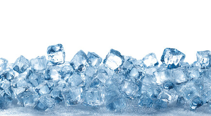 Ice cubes forming bottom border, isolated on transparent cutout background