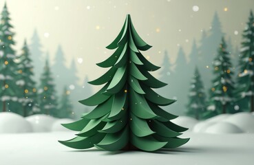 Fototapeta premium Green stylized Christmas tree stands on snowy ground. Other pine trees are in soft focus background with falling snow and lights. Festive winter forest scene.