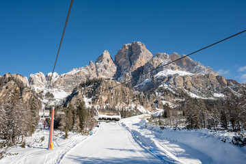 Sunny Winter Landscape of Cristallo Ski Area, Cortina d'Ampezzo, Dolomites, Italian Alps