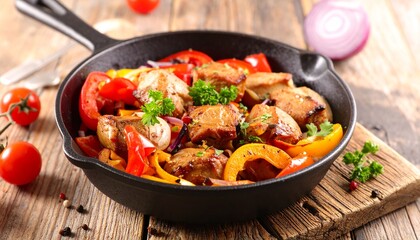 Fototapeta premium Schaschlikpfanne mit Paprika und Zwiebeln