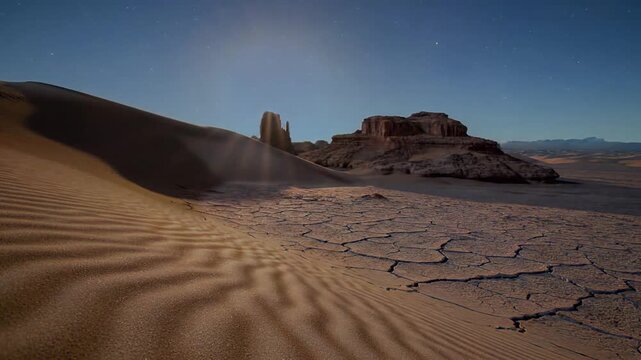 Celestial Desert A timelapse sequence transitioning from sunset through a starry night sky, highlighting the rotation of the earth or star trails above unique desert geological features, emphasizing