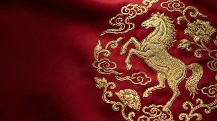 Obraz premium Exquisite golden embroidery of a rearing horse with traditional Chinese cloud and floral motifs on luxurious deep red silk fabric, showcasing intricate cultural textile art