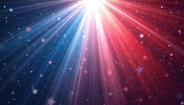 Red and blue lights shine down like rays from above. Stars and glitter fall through the beams. Background creates patriotic or festive mood. Use for celebrations and holidays.