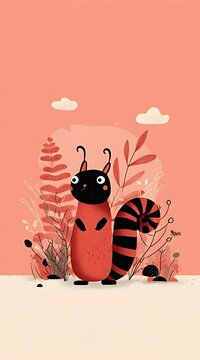 Cute animated fantasy creature with striped tail and antennae wagging in a pink nature setting with stylized plants and clouds loop