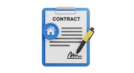 A stylized 3D icon of a contract document with a home icon and a pen, representing real estate agreements and home purchase deals.