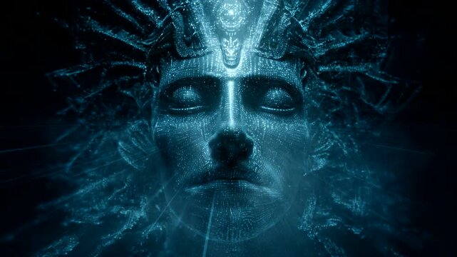 Mysterious Statue with Glowing Blue Eyes.