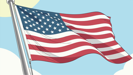 Fototapeta premium Vector premium du drapeau américain flottant fièrement sur un mât, avec fond soleil rayonnant et vaste ciel bleu lumineux.