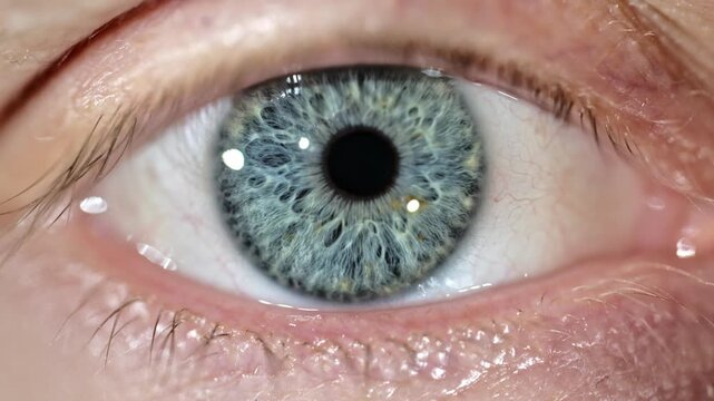 Male blue eye pupil dilating in darkness