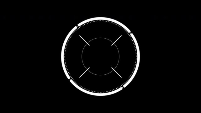 Clean minimal white circular HUD target reticle with layered rings and crosshair lines. Futuristic interface overlay ideal for gaming UI, surveillance visuals, sci-fi motion graphics and tech video pr