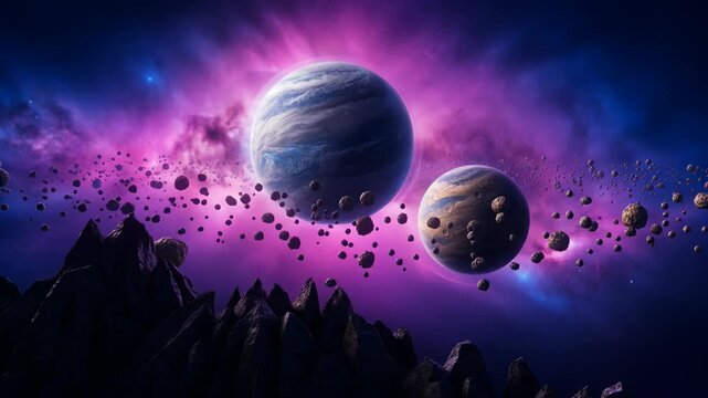 Slow push-in shot of two gas giant exoplanets orbiting in a purple nebula.