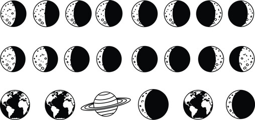 Moon phases vector illustration, lunar cycle design, astronomy icons, planetary bodies, Earth and Saturn graphics, cratered moon texture, educational science art © Faruk Here