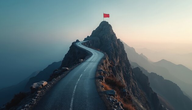 Curving asphalt road ascends rocky mountain peak. Red flag marks summit against hazy sky. Remote highway leads to isolated high altitude destination for adventure.