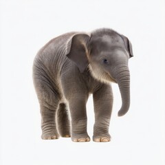 Fototapeta premium Adorable Baby Elephant Standing on White Background with Gentle Expression and Playful Stance