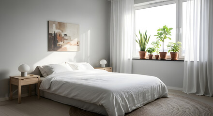 Fototapeta premium A serene and modern bedroom with a large bed and plants on the windowsill