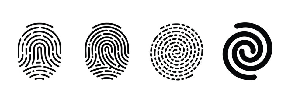 
A unique black and white fingerprint vector illustration featuring a biometric thumbprint pattern for forensic security identification and criminal detective design
