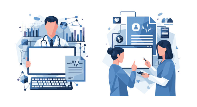 A composition of two scenes showing medical professionals, one male doctor with data analytics and one female team discussing patient records.