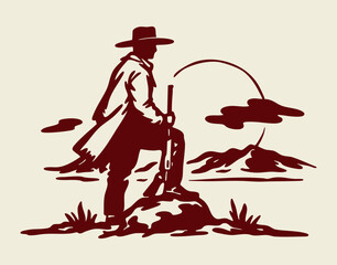 Vintage Western Cowboy Silhouette with Rifle in Desert Landscape