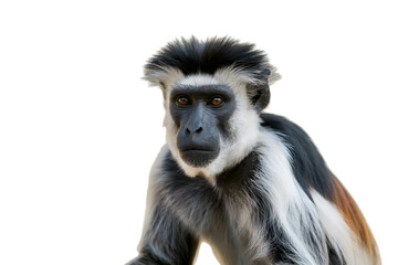 Obraz premium portrait of the black and white Colobus monkey stares with intent, displaying striking patterns in its fur . Isolated on transparent background, png