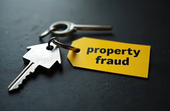 House shaped key on dark surface with yellow tag reading property fraud. Concept represents real estate crime scam and title theft risk warning.
