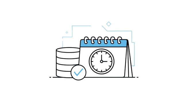 Line art concept of data retention policy or a scheduled database backup with a calendar, clock, and database symbol.