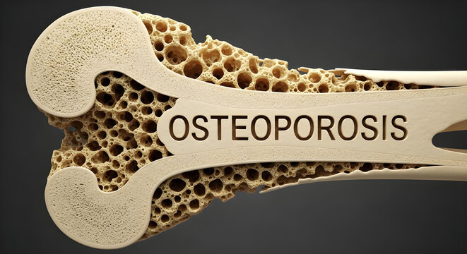 A medical illustration of a bone affected by osteoporosis, showing its porous and weakened structure.