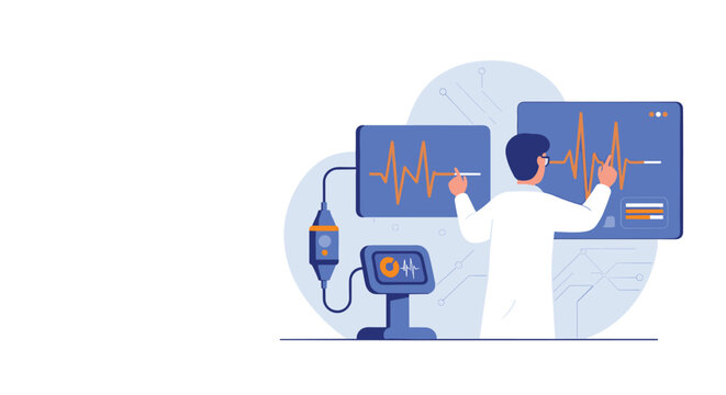 Medical researcher or doctor analyzing complex cardiogram or neurological data on large interactive digital displays in a lab.