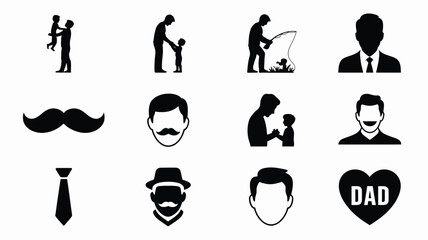 Black silhouette icons for father's day featuring dad family and beard symbols on a white background © Tuli