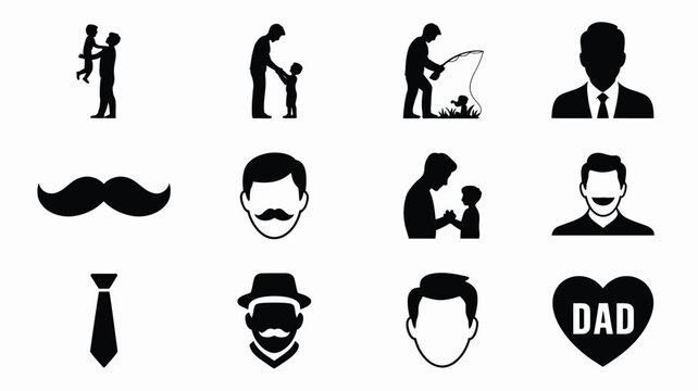 Black silhouette icons for father's day featuring dad family and beard symbols on a white background
