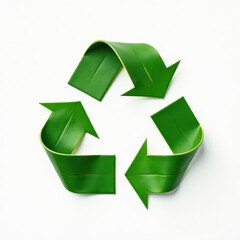 Obraz premium A circular recycling symbol formed by four green leaves, each curved to represent the recycling process, set against a clean white background, emphasizing sustainability and environmental awareness