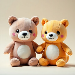 Fototapeta premium Two adorable plush teddy bears, one brown and one orange, sit side by side on a light beige background, showcasing their round faces, stitched features, and soft textures