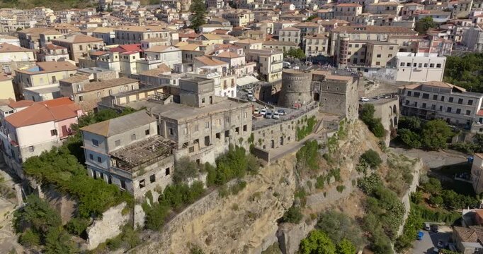 Aerial view of Pizzo Castle is located in the center of Pizzo Calabro, a town in Calabria in the province of Vibo Valentia, Italy. It is also known as Murat Castle, can be visited and houses a museum.