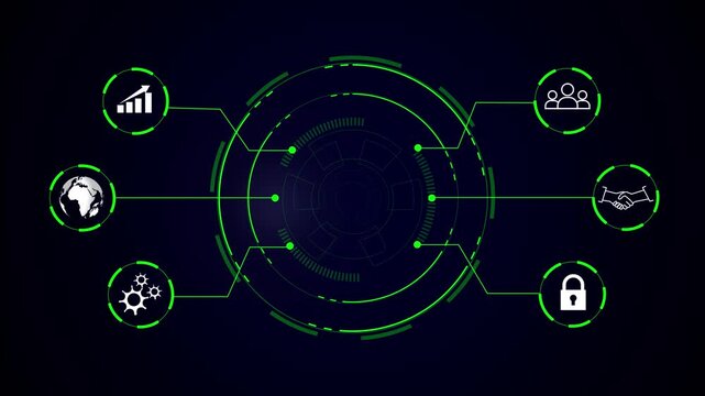 Futuristic circular interface with neon green tech icons on dark background, central HUD ring and six connected glyphs