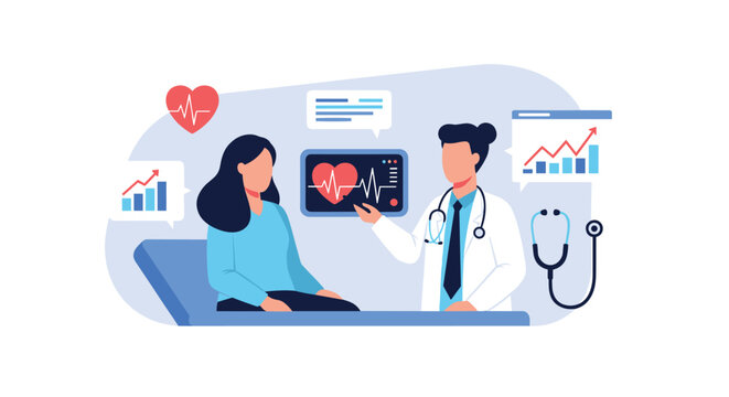 Doctor discussing a patient's improving vital signs, showing a healthy heart rate on a monitor during a medical checkup.