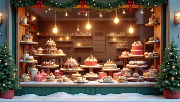 Christmas bakery window display showcases festive cakes and cookies. Decorated trees and lights create holiday atmosphere. Ready for seasonal sales and celebrations.