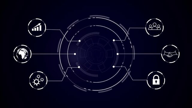 Dark tech interface with circular HUD at center and six white icons connected around it, futuristic network concept