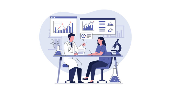 Researcher or doctor discussing clinical trial results and data analysis with a patient or research participant in a laboratory.