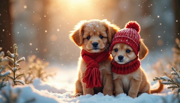 Two cute puppies wear red scarves and hats in snowy woods. Gentle snowfall and warm sunlight create festive winter holiday mood. Adorable pets ready for Christmas celebrations and New Year greetings.