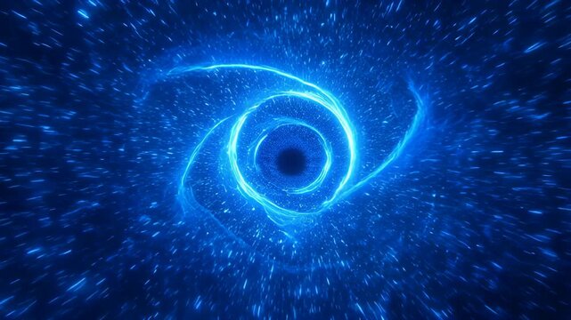 Flying through a swirling blue energy portal in deep hyperspace travel