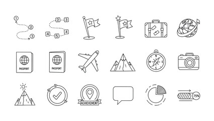 Fototapeta premium Travel Icons: A curated collection of minimalistic line art icons related to travel, including a passport, airplane, compass, and other travel essentials.