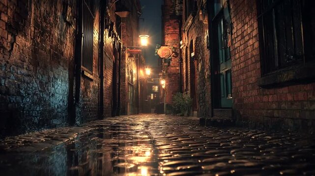 Narrow Alleyway at Night with Brick Buildings.
