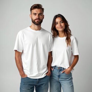 Young couple wear matching white t shirts and blue jeans. Man and woman stand close, smiling at camera. They pose for photo shoot with blank shirts ready for design.