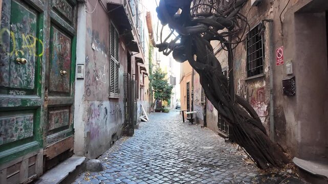 Cinematic Slow Motion POV Walk Through Trastevere Narrow Alleys Rome