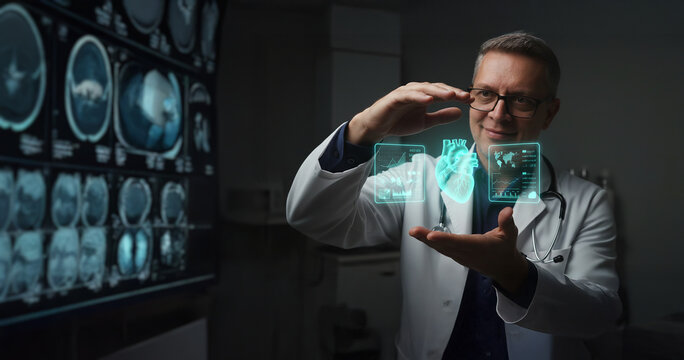M&eacute;dico observa entre sus manos una proyeccion de un holograma con informaci&oacute;n cardiaca de una paciente mujer