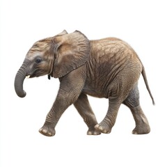Obraz premium Playful Young Elephant Walking Gracefully Through a Light Background in a Cute and Cheerful Manner