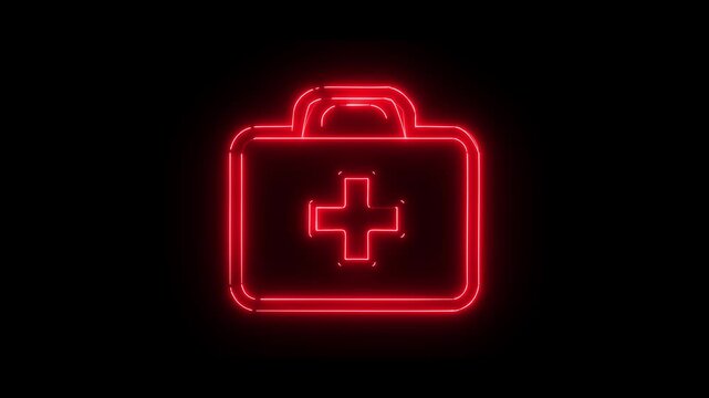 Neon red medical kit icon animation on black background with glowing first aid symbol loop.